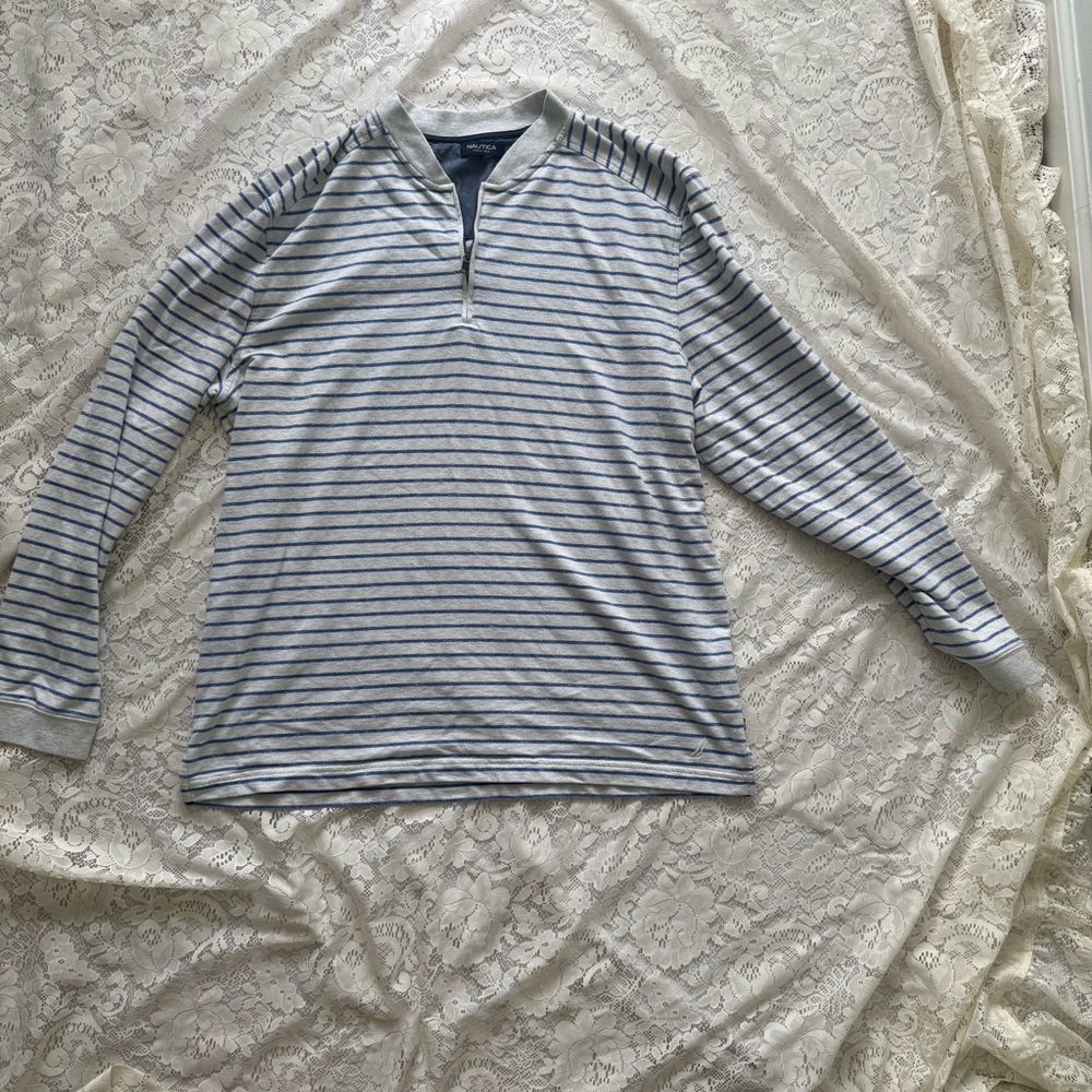 Nautica ¾ Zip Mock-neck Blue & White Striped Shirt Size XXL
